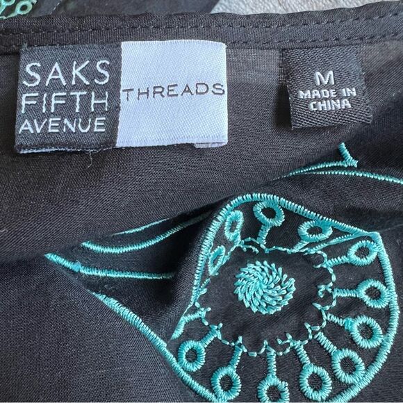Saks Fifth Avenue Sz M Cotton Silk Embroidered Blouse Tunic Drawstring Black - Picture 2 of 12